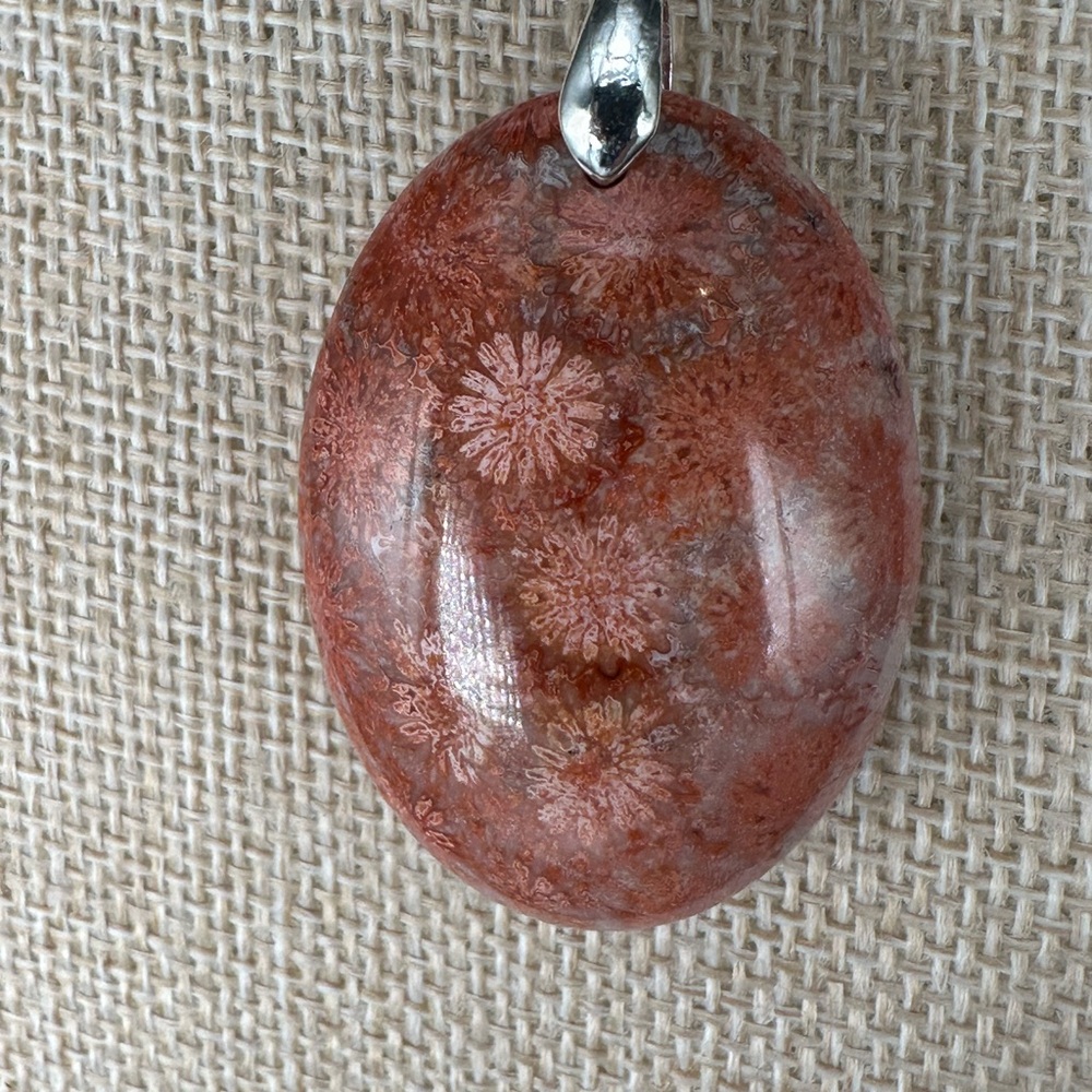 Orange and Pink/Lavender Coral Fossil Oval Pendant on Black Satin Rope - Picture 11 of 12
